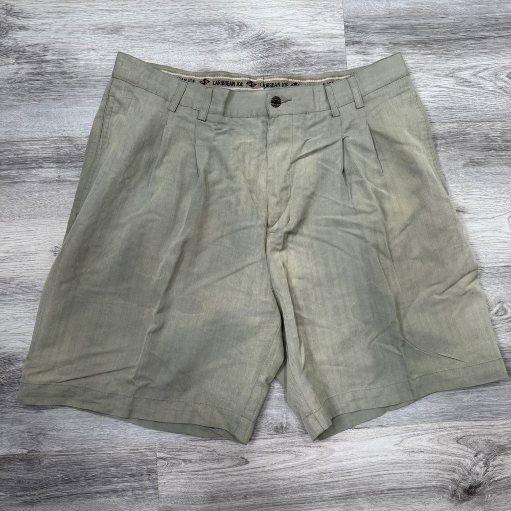 Caribbean Joe Mens Shorts Size 36 Pleated Front Casual Chino Khaki Relaxed Fit